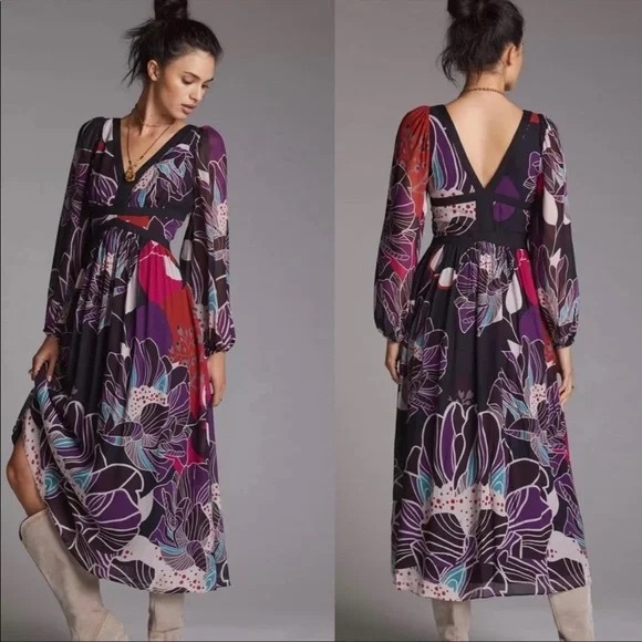 Anthropologie Dresses & Skirts - Anthropologie Let Me Be Floral Midi Dress Size L Balloon Sleeve Empire Waist